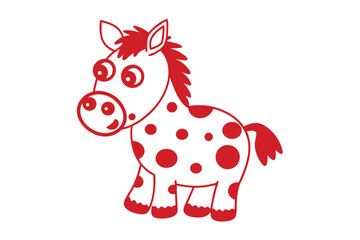 Cartoon red horse with white spots stands smiling against a clean backdrop