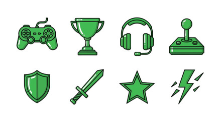 Dynamic collection of green gaming icons, including controllers, trophy, headset, joystick, shield, sword, star, and lightning bolt for digital creativity