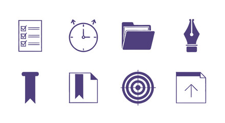Modern business icons representing tasks, time, organization, writing, goals, and uploads for professional projects and digital workflows.