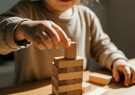 Little child's hands carefully building a wooden block tower creating moments of focused concentration and playful development