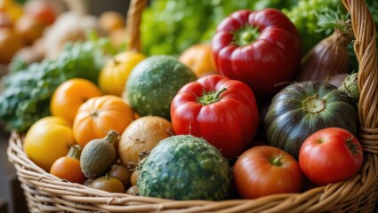 Assorted Fresh Vegetables And Fruits Displayed In A Natural Woven Basket