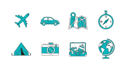Plan your next adventure with this travel icons set featuring a plane, car, map, compass, tent, camera, suitcase, and globe ready for vacation wanderlust