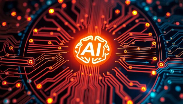 Abstract glowing circuit board with central AI symbol,  dark,  future