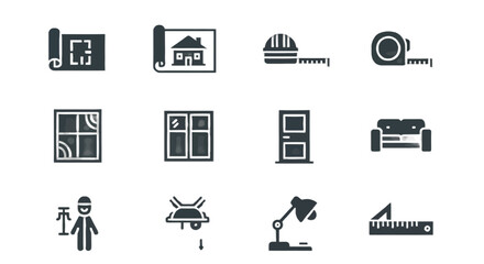 Architectural design and construction icons set, featuring blueprints, tools, and home interior elements for builders