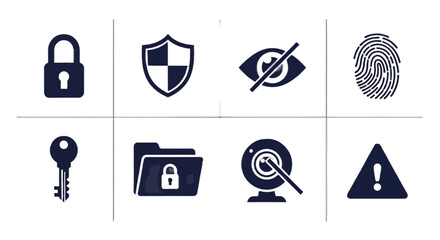 Essential security icons representing protection, privacy, and data safety, safeguarding digital information and online access in modern times