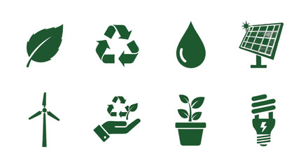 Sustainable energy icons representing environmental conservation, renewable resources, and eco-friendly solutions for a greener future