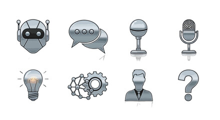 Modern AI-powered icons representing communication, innovation, and business solutions for presentations, websites, and marketing materials