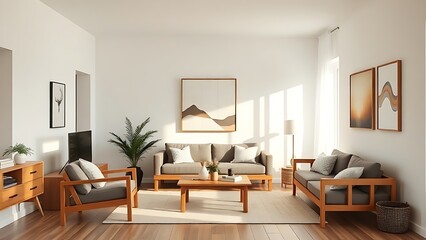 Fototapeta premium Minimalist Nordic living room with wooden accents and abstract art, bathed in soft natural light.