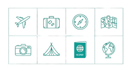 Discover the World: Travel essentials illustrated with a modern aesthetic, perfect for blogs, websites, and global adventures, ideal for travel agencies and tourism campaigns
