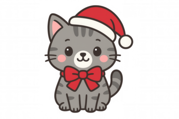 Cute gray tabby cat wearing santa hat and red bow, celebrating christmas and holiday season with a kawaii style