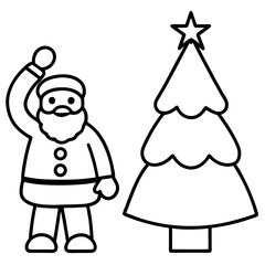 Simple line art of santa claus and christmas tree