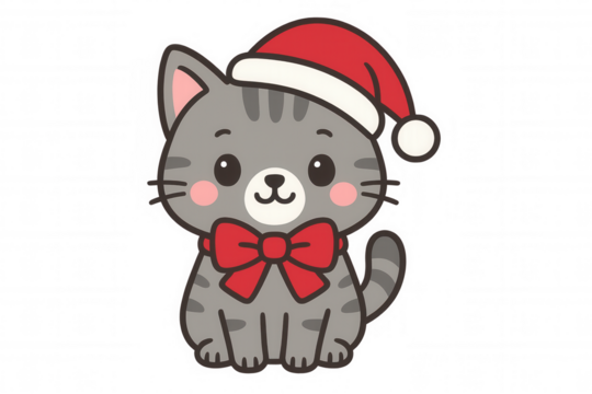 Cute gray tabby cat wearing santa hat and red bow, celebrating christmas and holiday season with a kawaii style