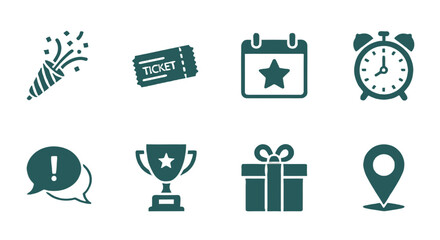 Celebrate Events with These Icons of Party, Ticket, Calendar, Clock, Speech Bubble, Trophy, Gift, and Location Pin for Your Designs