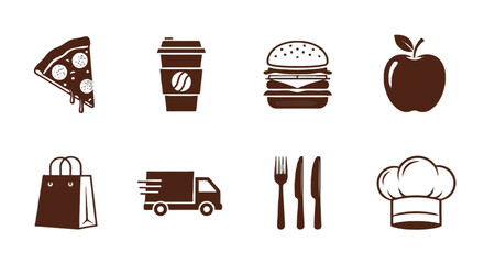 Grab a Bite On the Go Collection: Pizza, Coffee, Burger, Apple, Delivery Truck, Shopping Bag, Cutlery, and Chef Hat for a Deliciously Convenient Feast