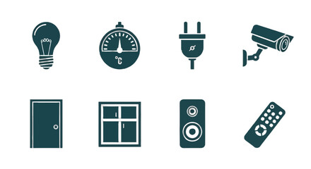Smart home automation icons for modern living with security camera, door, speaker, light bulb, window, remote, plug, and thermostat ideal for tech enthusiasts