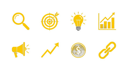 Achieve Business Goals with Smart Strategy and Powerful Tools - Magnifying Glass, Target, Lightbulb, Growth Chart, Megaphone, Dollar, Link for Success