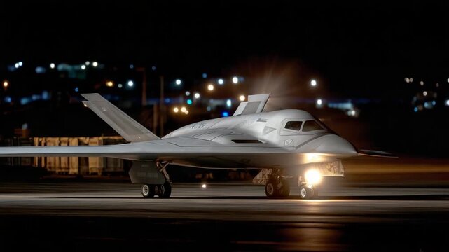 A striking side profile of a stealth bomber illuminated under spotlights, with precision-guided bombs neatly arranged in the background.