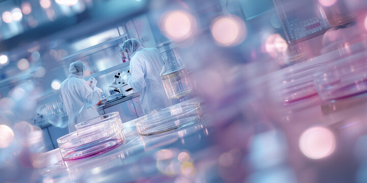 Modern laboratory with scientists working in lab coats. Soft focus and clean composition with copy space make it ideal for medical, scientific, and technology-related themes.