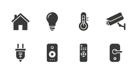 Sleek smart home automation icons for modern living: Home security, climate control, entertainment system, and remote access for convenient lifestyle