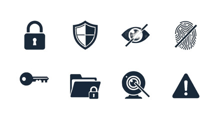 Ensure your digital safety with these simple icons representing security, privacy, and protection against cyber threats and unauthorized access today