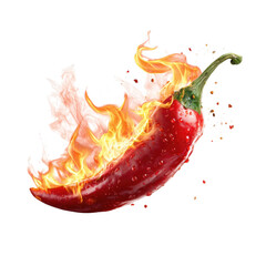Fiery red chili pepper with water droplets and flames isolated on a transparent background fire