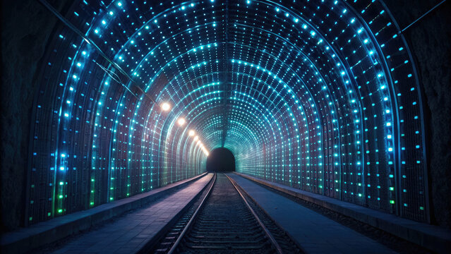 Glowing tunnel with vibrant blue and green lights illuminates railway track, creating futuristic and mesmerizing atmosphere