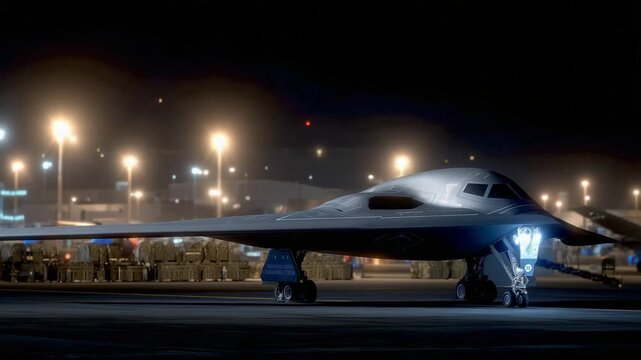 A striking side profile of a stealth bomber illuminated under spotlights, with precision-guided bombs neatly arranged in the background.