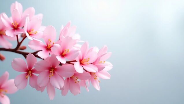 Delicate pink flowers bloom on a branch, showcasing vibrant petals with yellow stamens against a soft, blurred blue background, creating a serene and peaceful composition that evokes feelings of...