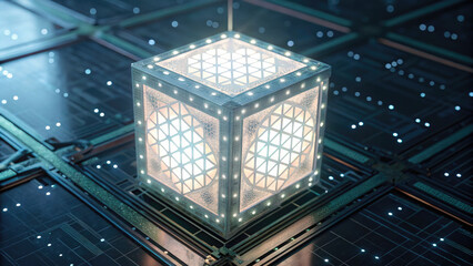 Glowing futuristic cube with intricate geometric patterns emits light, resting high tech circuit board, symbolizing advanced AI and quantum