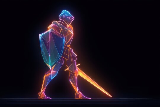 Radiant neon knight with glowing sword in heroic stance