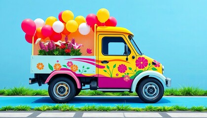 Brightly colored delivery truck with cheerful design, flowers, balloons, swift delivery, colorful