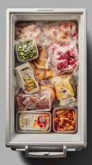 top view, studio photo, a lot of food inside of a white plastic chest freezer with some frozen walls and the door is open, there are a pack bag of frozen peas, meat, transparent plastic bag with chick