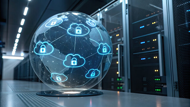 Glowing holographic globe with secure cloud icons, symbolizing data protection and cloud computing, displayed in modern server room - Powered by Adobe