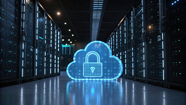 Glowing blue cloud with digital padlock symbol stands in secure server room, symbolizing data protection and cybersecurity