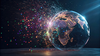 Glowing holographic globe with vibrant light particles exploding outward, symbolizing global connectivity and futuristic technology