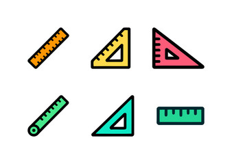 Set of Colorful Ruler and Triangle Square Icons: Measuring and Drafting Tools Representing Education, Geometry, Math, Architecture, and School Supplies