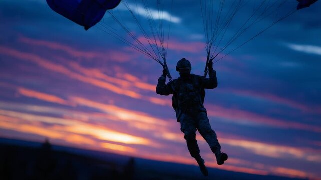 A lone paratrooper free-falls against a vibrant dusk, silhouetted with parachute cords trailing and a C-130 aircraft in the background.