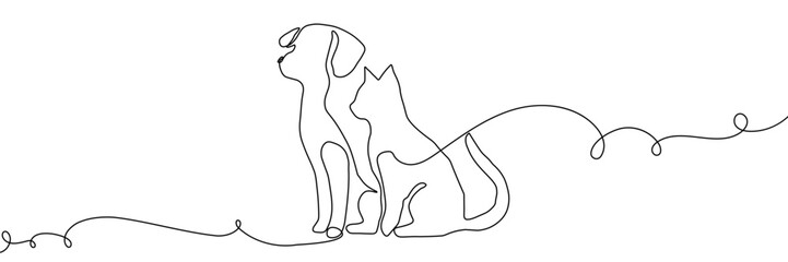 Dog cat line pet art logo animal outline puppy continuous illustration. Sketch dog cat line icon vector love doodle silhouette paw drawing kitten background linear design one sit graphic stroke vet