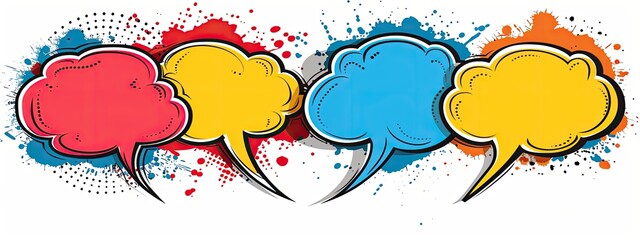 Colorful speech bubbles on white. Background splatter, dialog. Use messaging