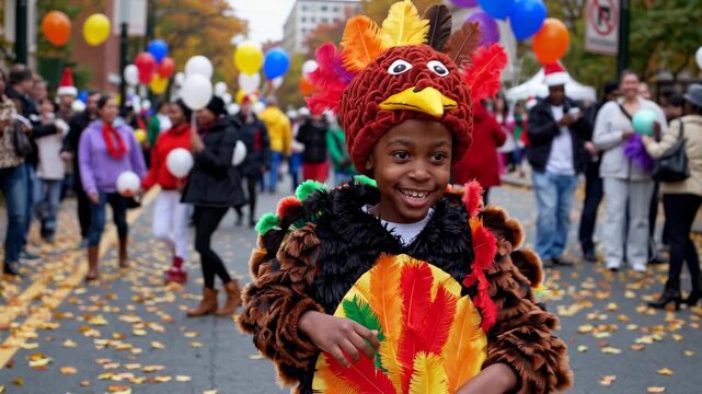 Young boy in vibrant turkey costume enjoys Thanksgiving parade, surrounded by cheerful crowd and colorful balloons, embodying festive atmosphere and joyful spirit