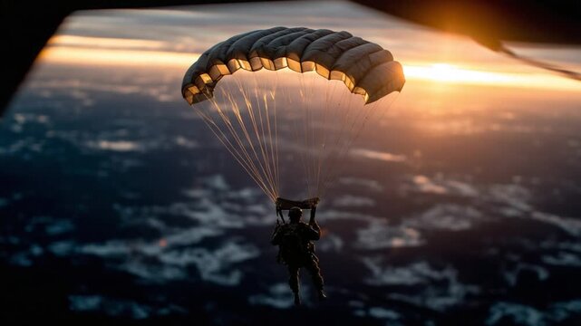 A paratrooper's silhouette drifts gracefully beneath a fully deployed parachute, set against a C-130 and a glowing horizon.