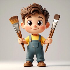 Cute Cartoon Boy Holding Paintbrushes.