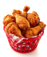 A hyper-realistic photo of a red plastic food basket filled with 12 crispy fried chicken drumsticks, stacked high in an organized pile. The basket is lined with red-and-white checkered paper. The back