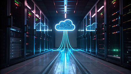 Glowing cloud icon with data streams in futuristic server room, symbolizing cloud computing and data storage technology