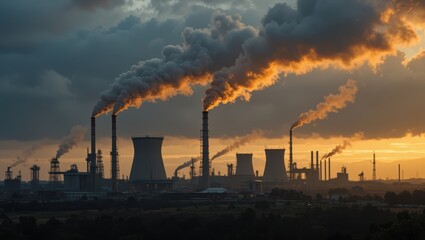 Smoke billowing from industrial factories during a dramatic sunset with dark storm clouds in the background