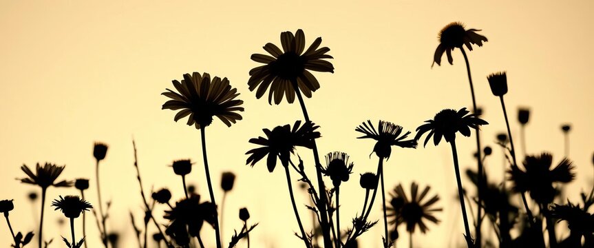 Dark silhouettes of various wildflowers against a light background, showcasing delicate details , silhouette set, graphics