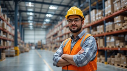 Smiling Warehouse Worker in Safety Vest and Hard Hat Crossing Arms in Inventory Storage Area