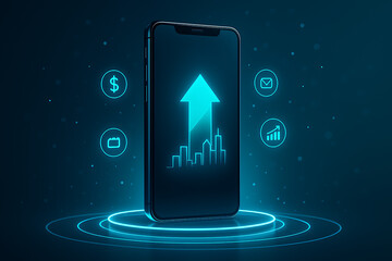 Mobile phone with a glowing upward arrow and cityscape outline, surrounded by icons for dollar, document, mail, and chart, representing business growth and mobile financial technology
