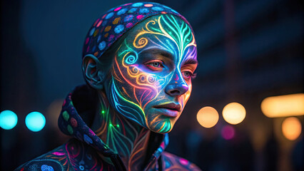 Woman with glowing neon face paint featuring intricate patterns stands in dimly lit urban setting, evoking futuristic and artistic vibe
