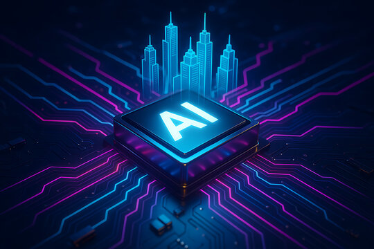 Ai central processing unit chip with glowing neon skyscrapers and futuristic electronic circuit board background reflecting the concept of artificial intelligence city technology and future - Powered by Adobe